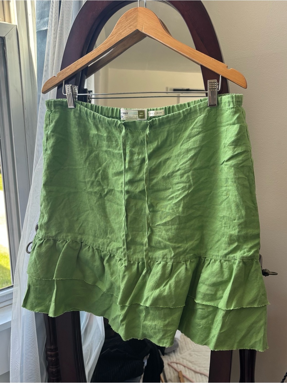 Low rise y2k Green Ruffle Hem Linen Blend Skirt